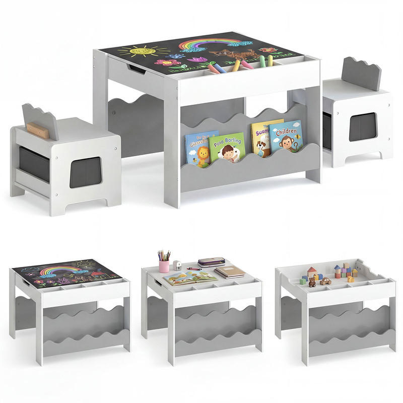 KINDERTISCH mit Stuhl grau(3-tlg) - Grau, Holzwerkstoff (66/48/64cm) - COSTWAY