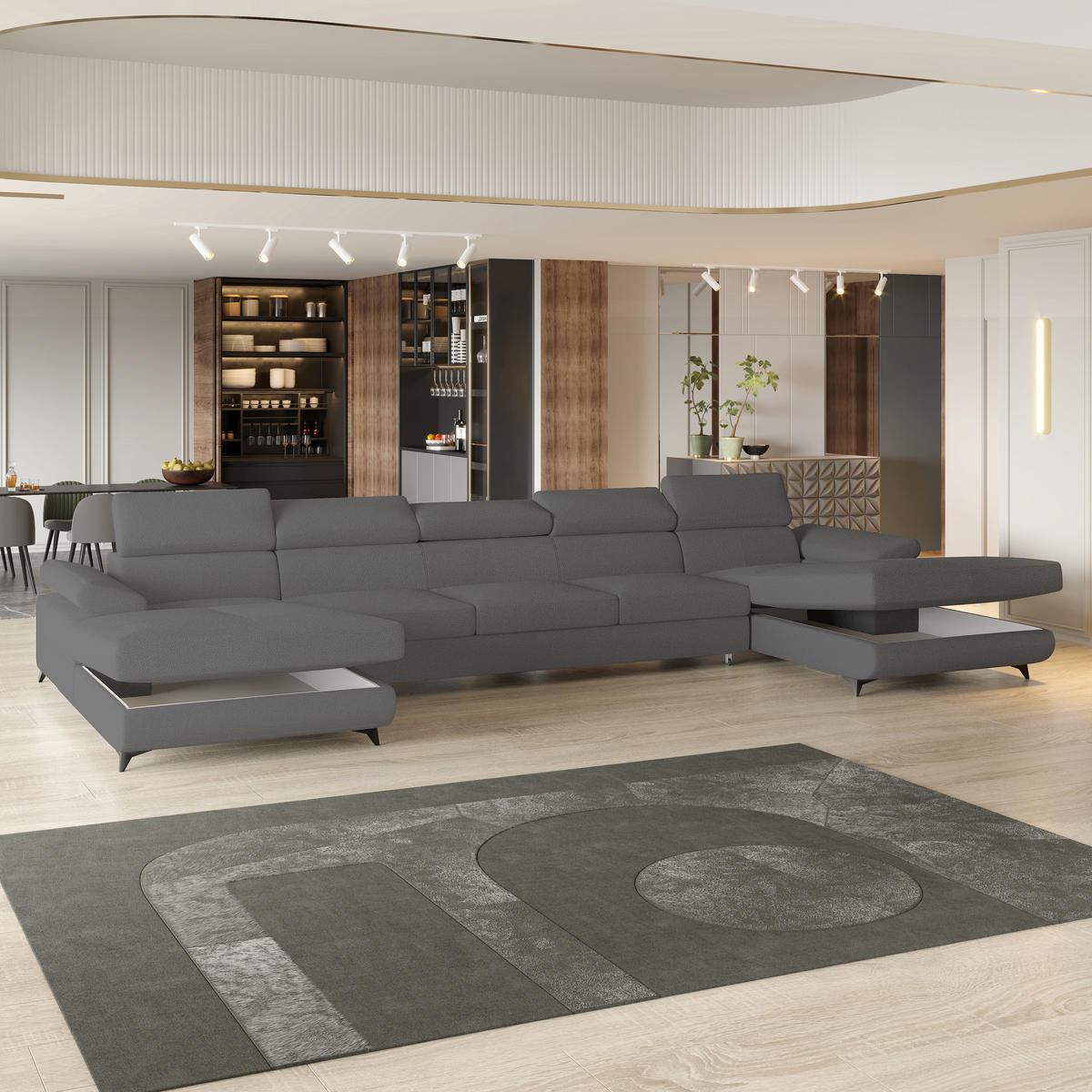 WOHNLANDSCHAFT VIVENTE Grau Boucle-Stoff mit Schlaffunktion - Grau, Holz (410/89/190cm) - MASSENO