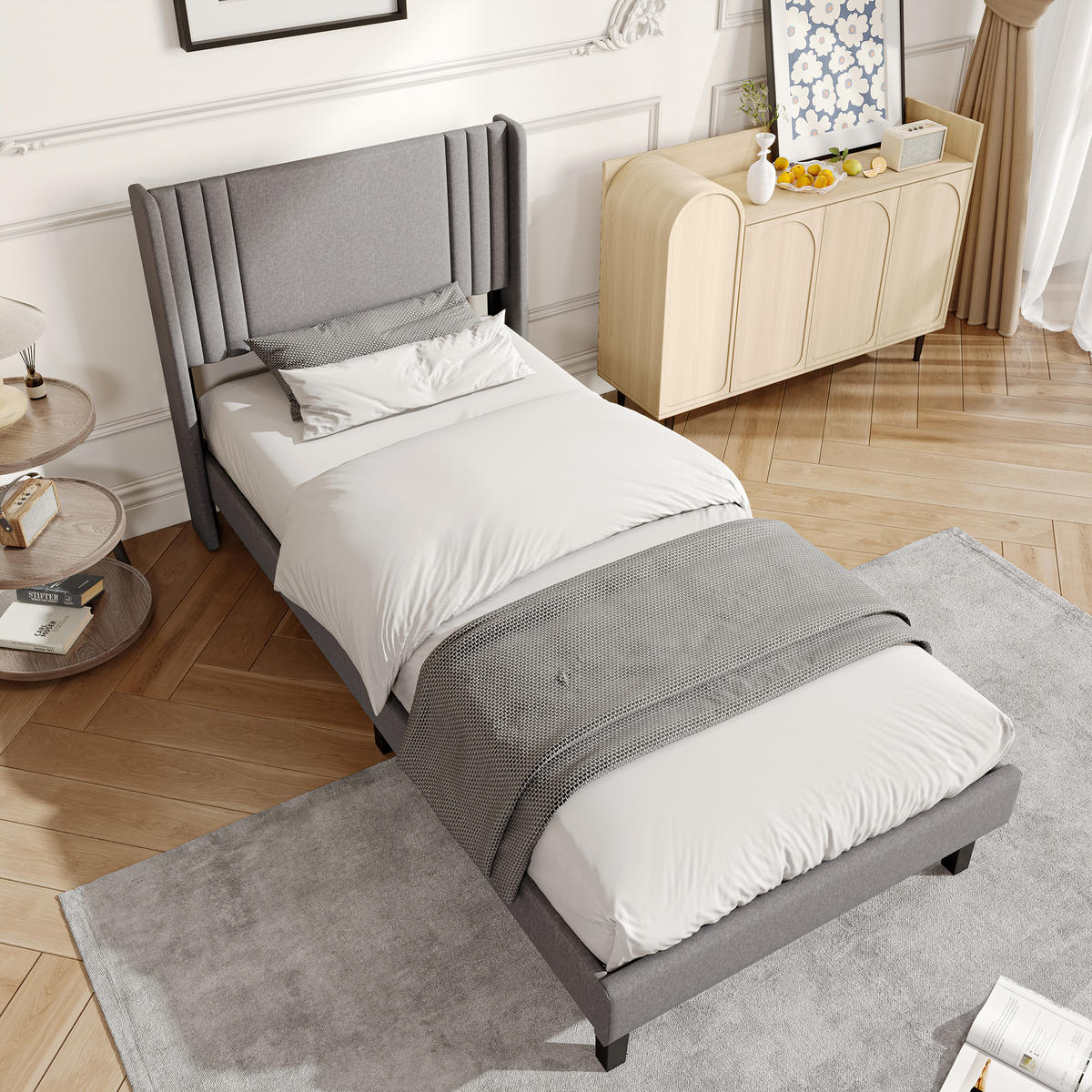 POLSTERBETT 90x200 cm Kopfteil Lattenrost Leinen Einzelbett grau - Grau, Holz (90/200cm) - LEBENLANG