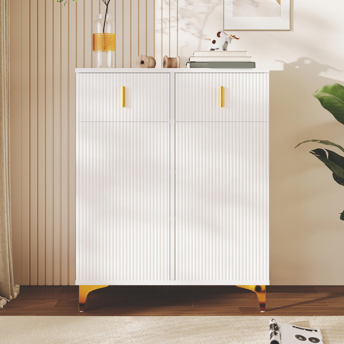 SIDEBOARD in Weiß mit Strukturpaneelen, verstellbaren Einlegeböden und Schubladen für Wohzimmer, B83/T35/H101cm - Goldfarben/Weiß, Holzwerkstoff/Metall (82/101/35cm) - STILVORA