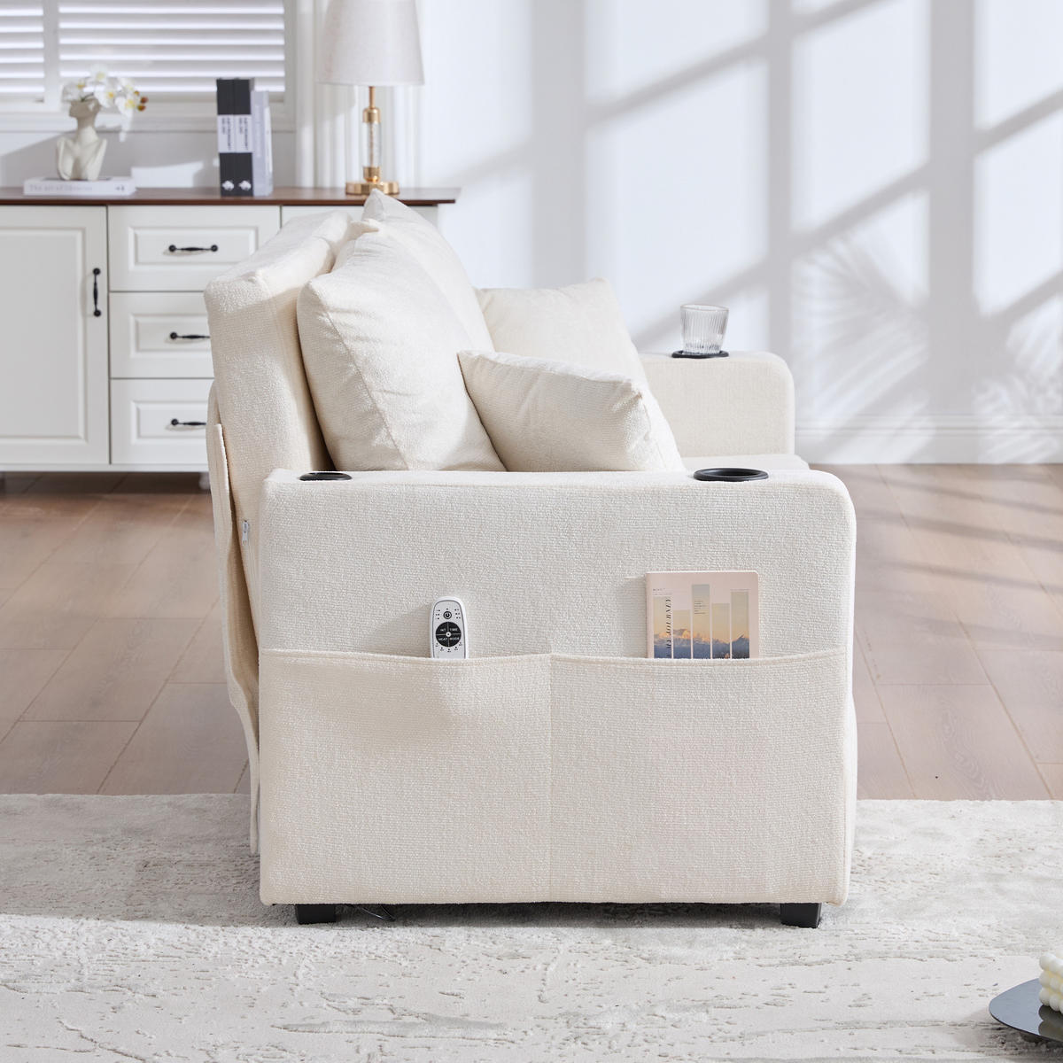 SOFA klappbar mit 4 Kissen und USB-Ladefunktion Chenille Beige 139/83/58 cm - Beige, Textil (139/83/73cm) - OKWISH