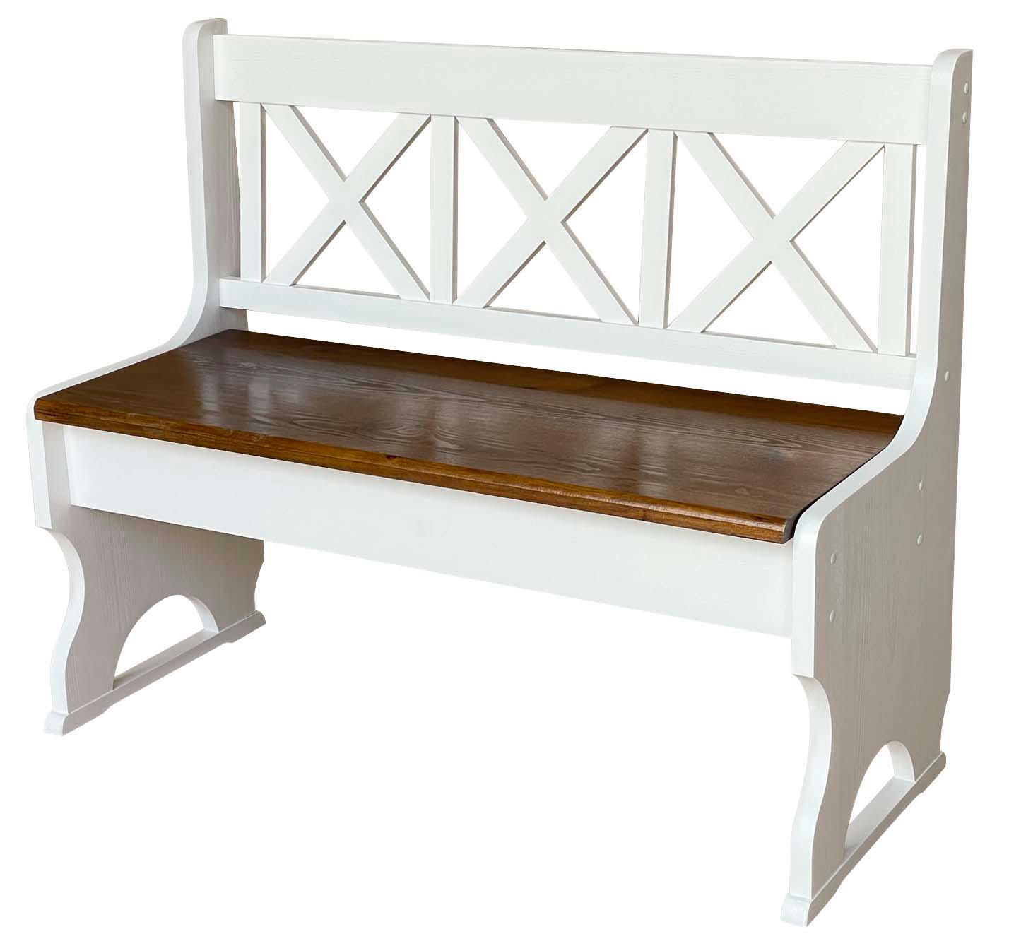 LANDHAUSBANK aus Kiefernholz mit Kreuzlehne, Weiss/Eiche, 105 cm - Eichefarben, Holz (105/86/36cm)