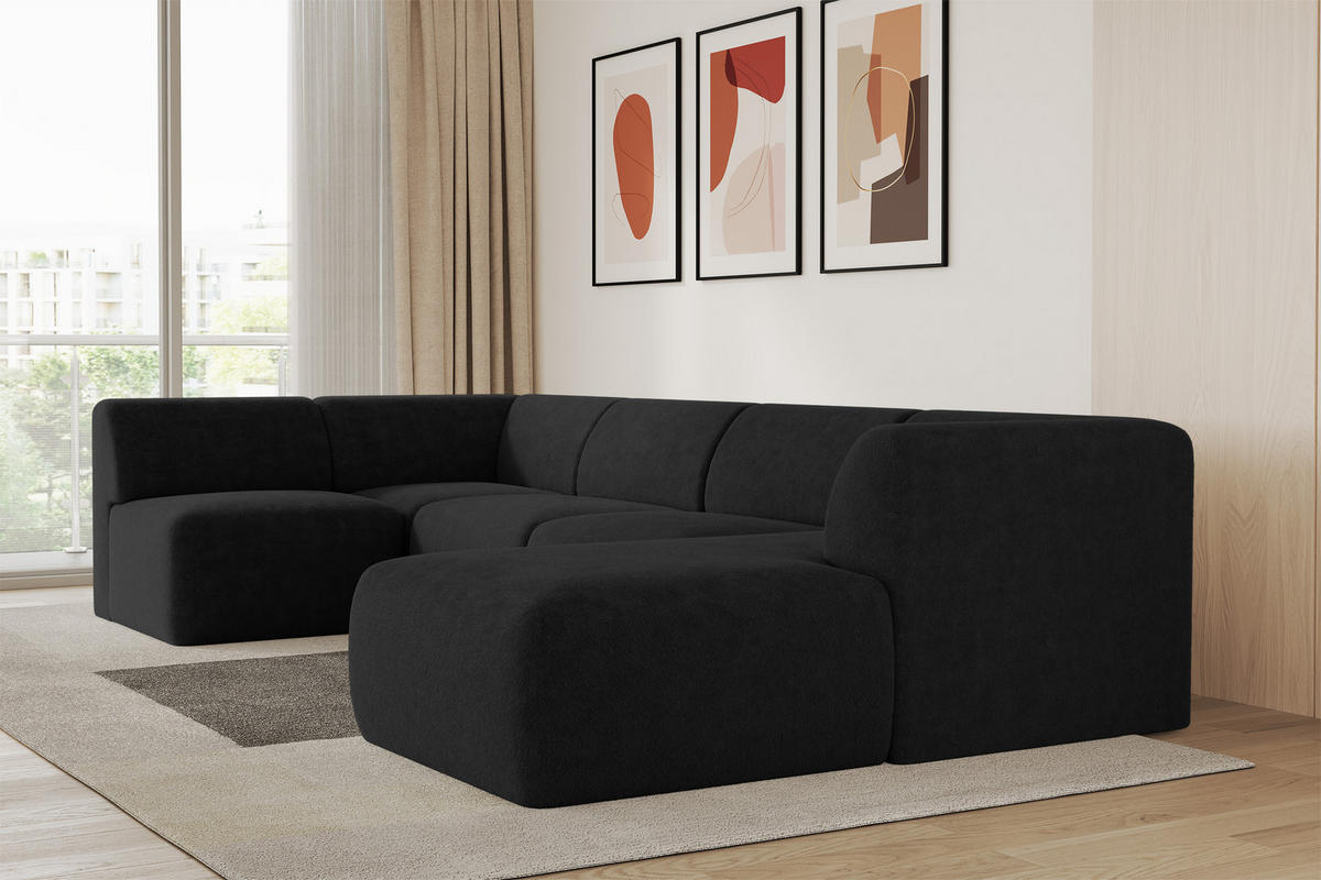 WOHNLANDSCHAFT Ottomane Rechts MOVO-L 345x180x78 cm Schwarz Tissu - Schwarz Hochglanz, Holzwerkstoff/Kunststoff (180/78/345cm) - ALTDECOR