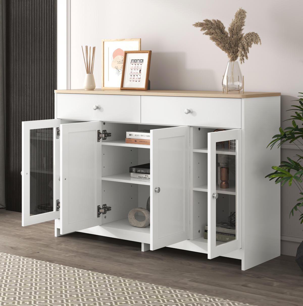 SIDEBOARD z MDF, 120/37/80 cm bílý v dekoru dřeva se 4 dvířky a 2 zásuvkami - bílá, kompozitní dřevo (120/80/37cm) - Modenvie