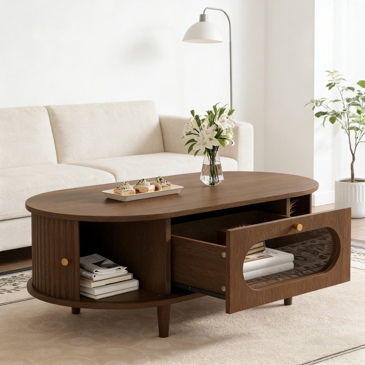 COUCHTISCH Walnuss 1 Schublade Rolltür 4 Beine 100x50x36cm - Walnussfarben, Holzwerkstoff (100/50/36cm) - FLIEKS