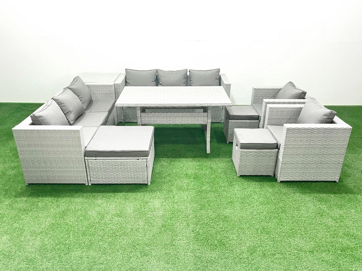 GARTENMÖBEL SET mit 3-Sitzer-Sofa und 2 Stühle, Esstisch,3 Hockern,Beistelltisch Polyrattan Hellgrau 11-Sitzer - Hellgrau/Grau, Glas/Kunststoff - Fimous