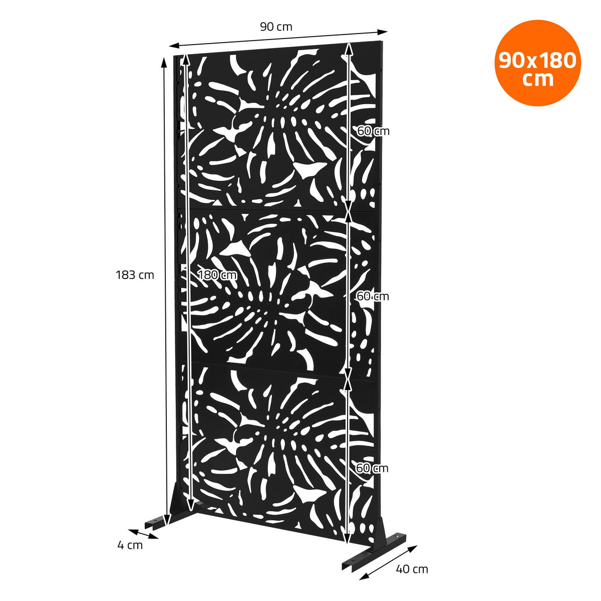 METALL-SICHTSCHUTZ Roma 90x180 cm Schwarz aus Stahl - Schwarz, Metall (90/183cm) - ML-DESIGN