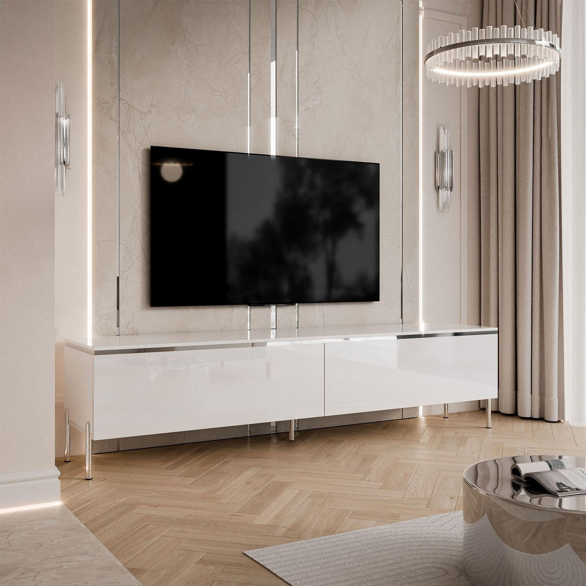 TV-SCHRANK AURORA SILVER 180 cm mit LED-Beleuchtung – gerade Chrombeine - Weiß Hochglanz, Holzwerkstoff (180/49.5/40cm) - Lookway