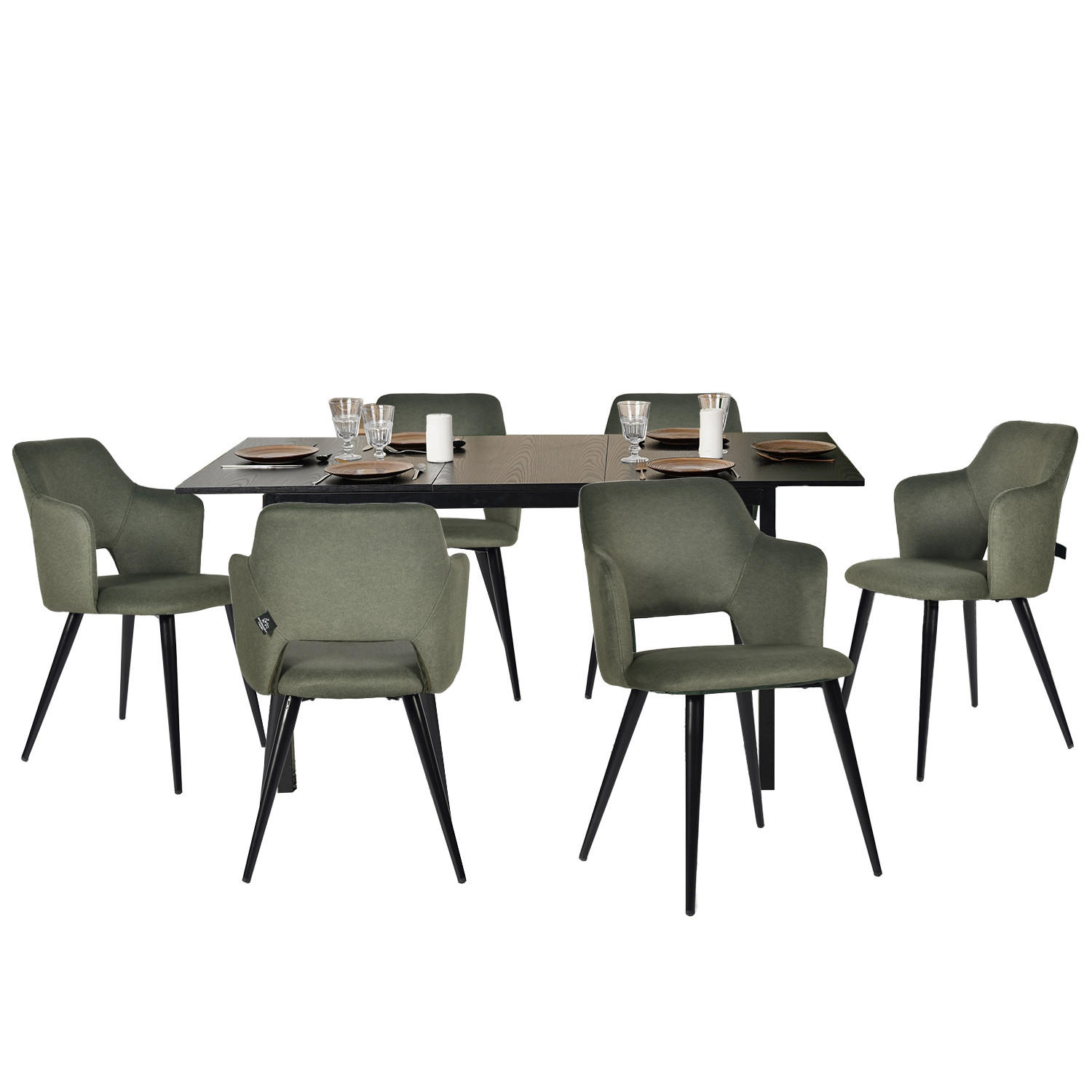 ESSGRUPPE mit ausziehbarem Esstisch und 6 Designstühlen, Schwarz + Grün - Grün, Textil (47/78.5/45cm) - Meubles Cosy