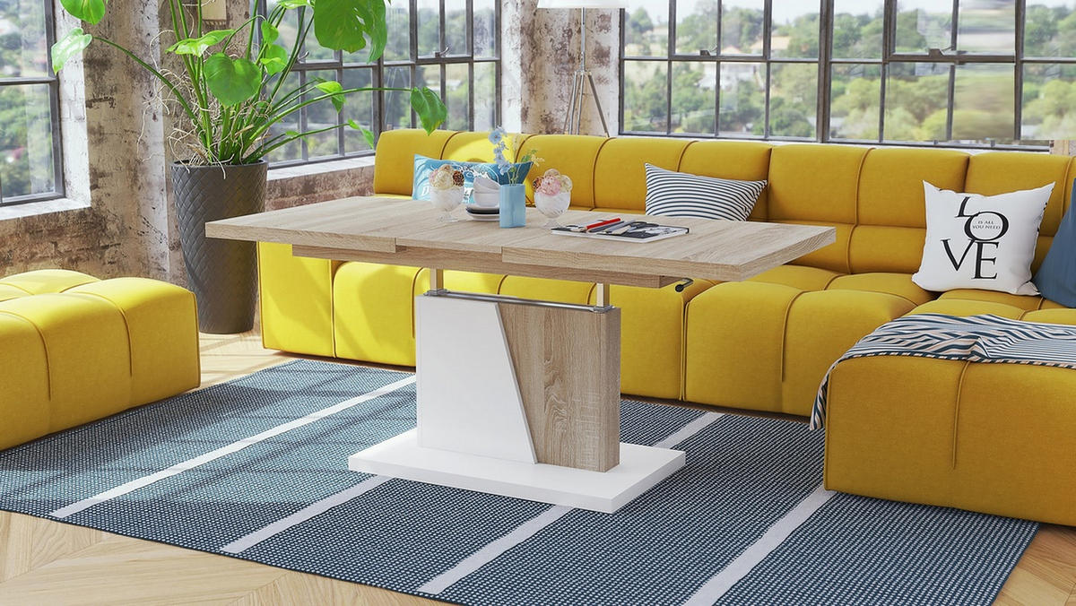 COUCHTISCH rechteckig Sonoma Eiche - Weiß ausziehbar höhenverstellbar - Weiß/Sonoma Eiche, Holzwerkstoff (70/120/60cm) - designimpex