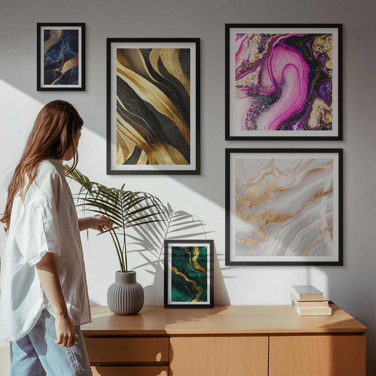 BILDER SET 5er Set - 50x50 cm & 20x30 cm & 40x60 cm Schwarzer Rahmen - Abstrakter Marmor mit Farben - Schwarz, Kunststoff (40/60cm) - TULUP
