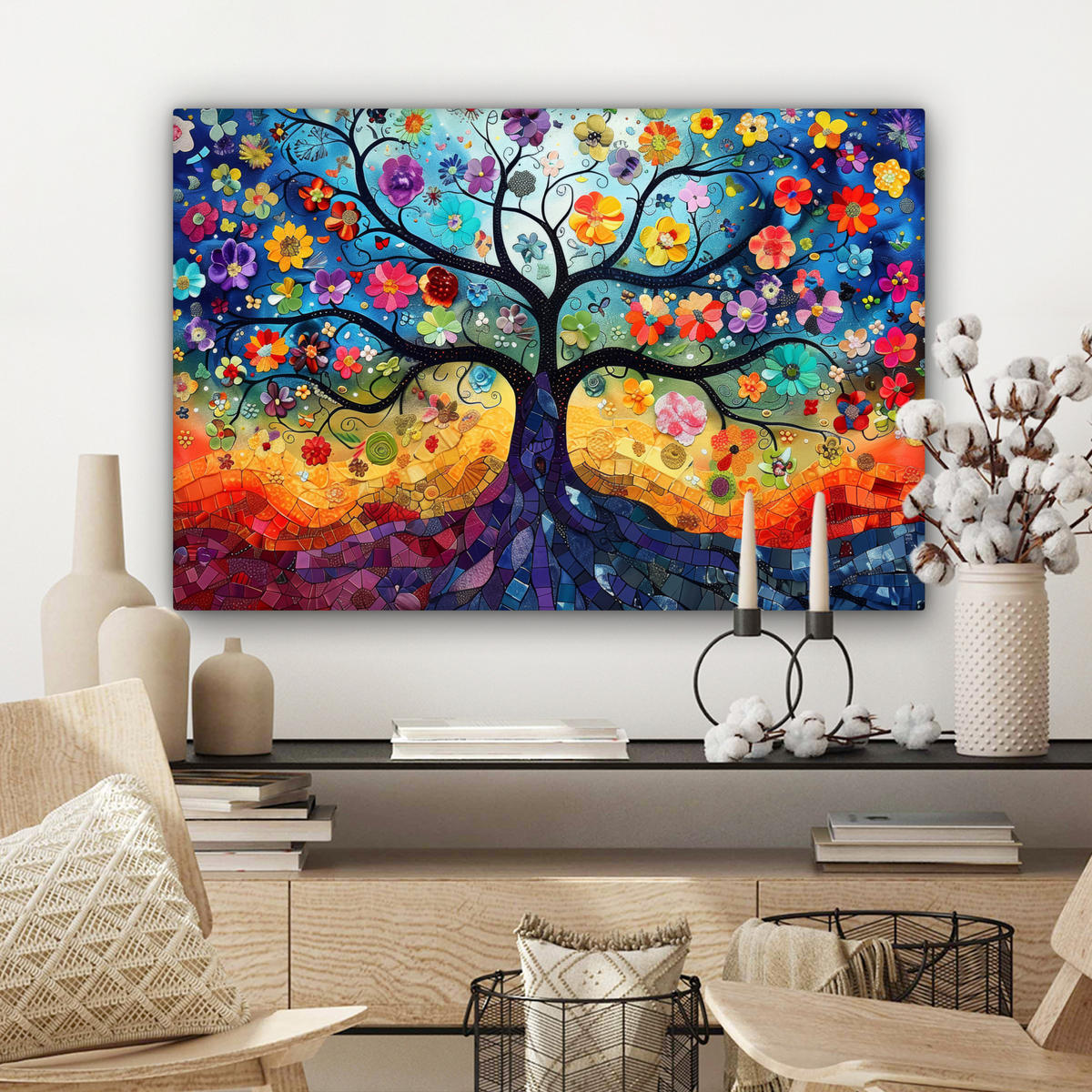 OBRAZ NA PLÁTNĚ Umění - Strom života - Květiny - Hippie 90x60 cm - tmavě modrá, textil (90/60cm) - MuchoWow