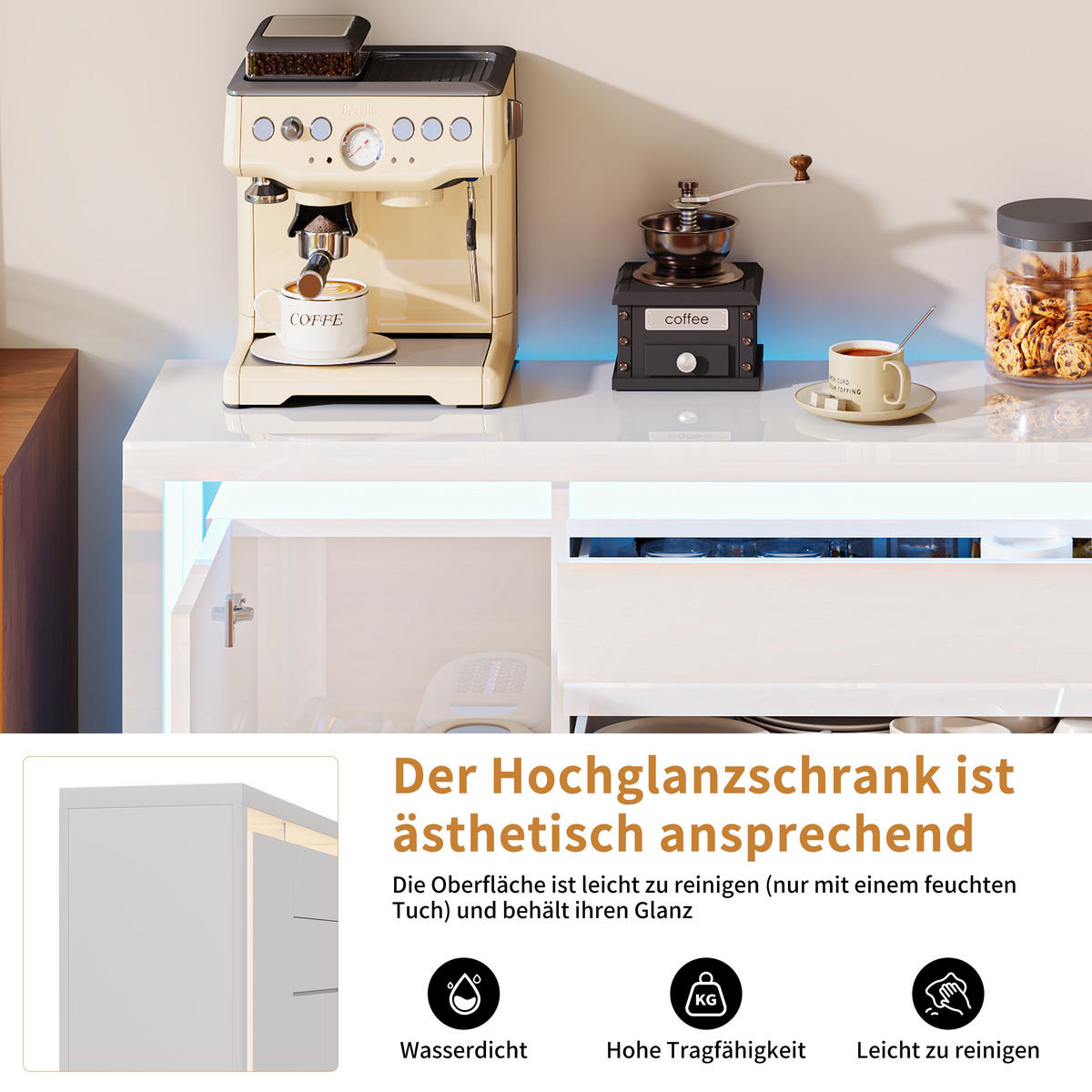 SIDEBOARD 160 cm Hochglanz mit LED, 4 Türen und 2 Schubladen, Küchenschrank mit Stauraum, Weiß - Weiß, Holzwerkstoff (160/35/75cm) - Waldena