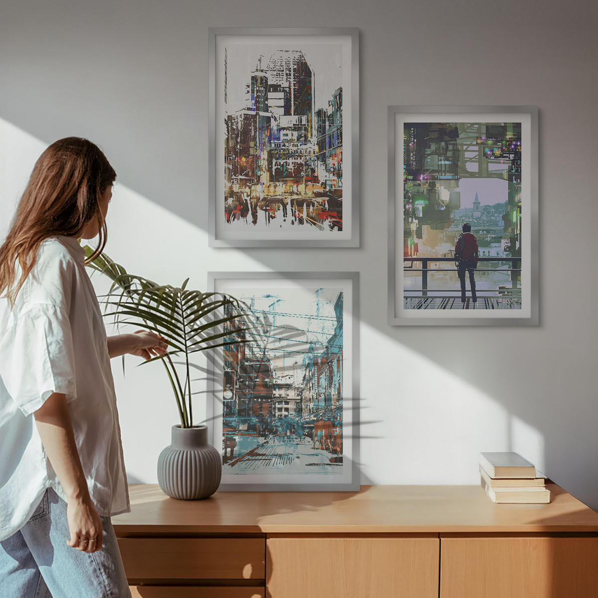 WANDBILDER 3er Set - 40x60 cm Silberner Rahmen - Moderne Städte, bunte Charaktere - Silberfarben, Kunststoff (40/60cm) - ArtPrintCave