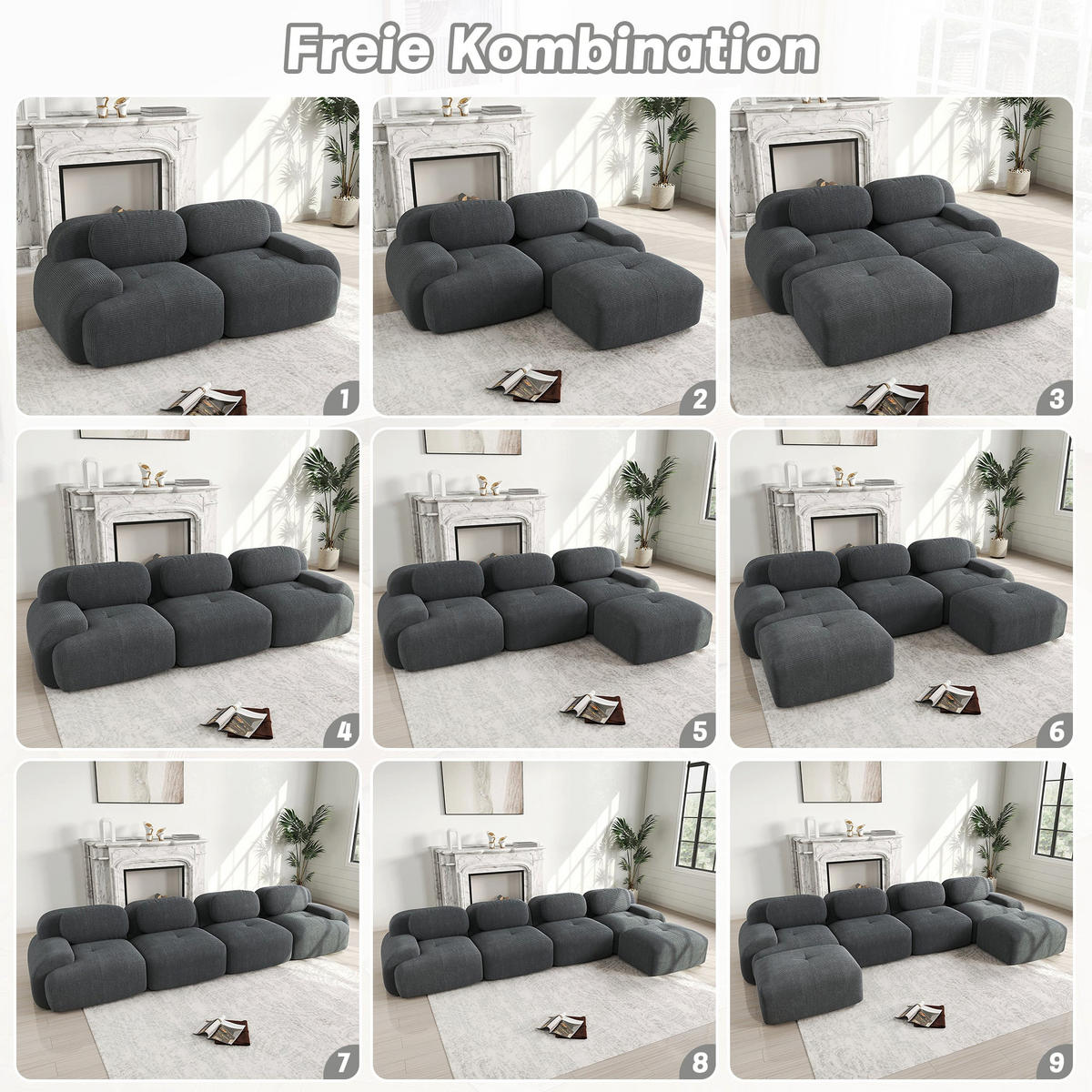 2-SITZER-SOFA in cordstoff rahmenloses design & modular kombinierbar - Grau, Textil (103/75/208cm) - Urban Meuble
