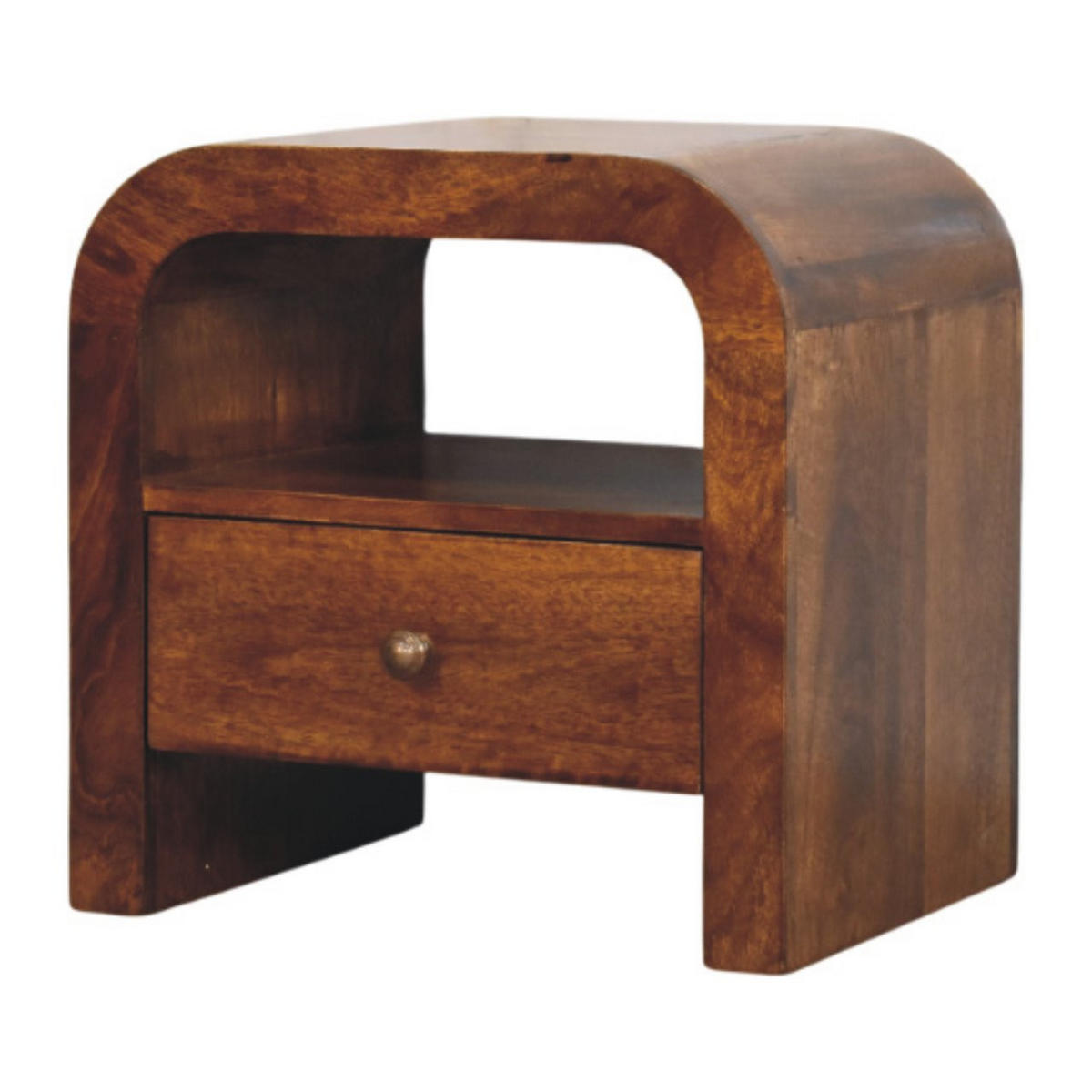 NACHTTISCH Massivholz Darcy Kastanienbraun, 1 Schublade und Offenes Regal - Dunkelbraun/Messingfarben, Mangoholz/Holz (45/45/35cm) - Artisan Furniture
