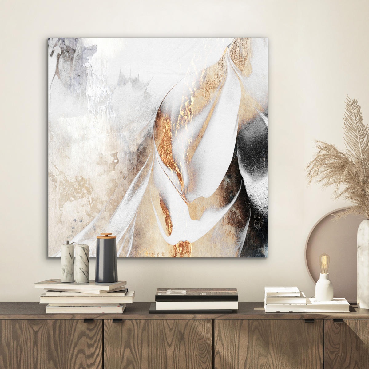 KOVOVÝ OBRAZ Luxusné - abstraktné - zlaté - biele 50x50 cm - zlatá, kov (50/50cm) - MuchoWow