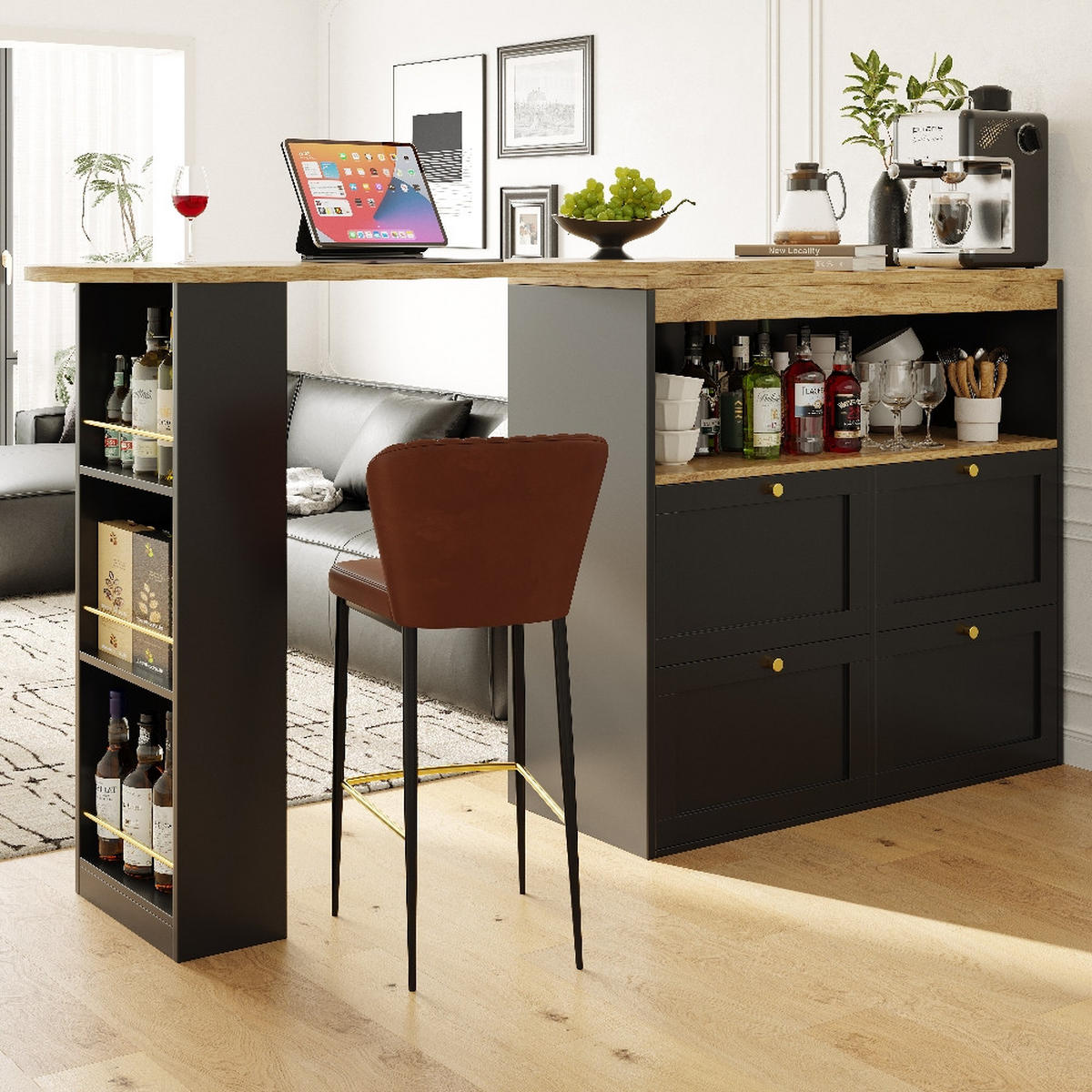 KÜCHENINSEL Bartisch drehbar, mit 4 Schubladen und offenen Ablagen, MDF Schwarz, Esszimmer, 105/39/102 cm - Schwarz, Kunststoff (39/102/105cm) - Rolipo