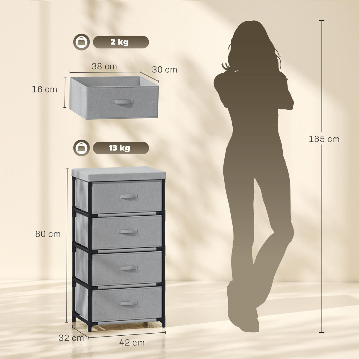 KOMODA Len Ocel Šedá - šedá/černá, kov/textil (32/80/42cm) - HOMCOM