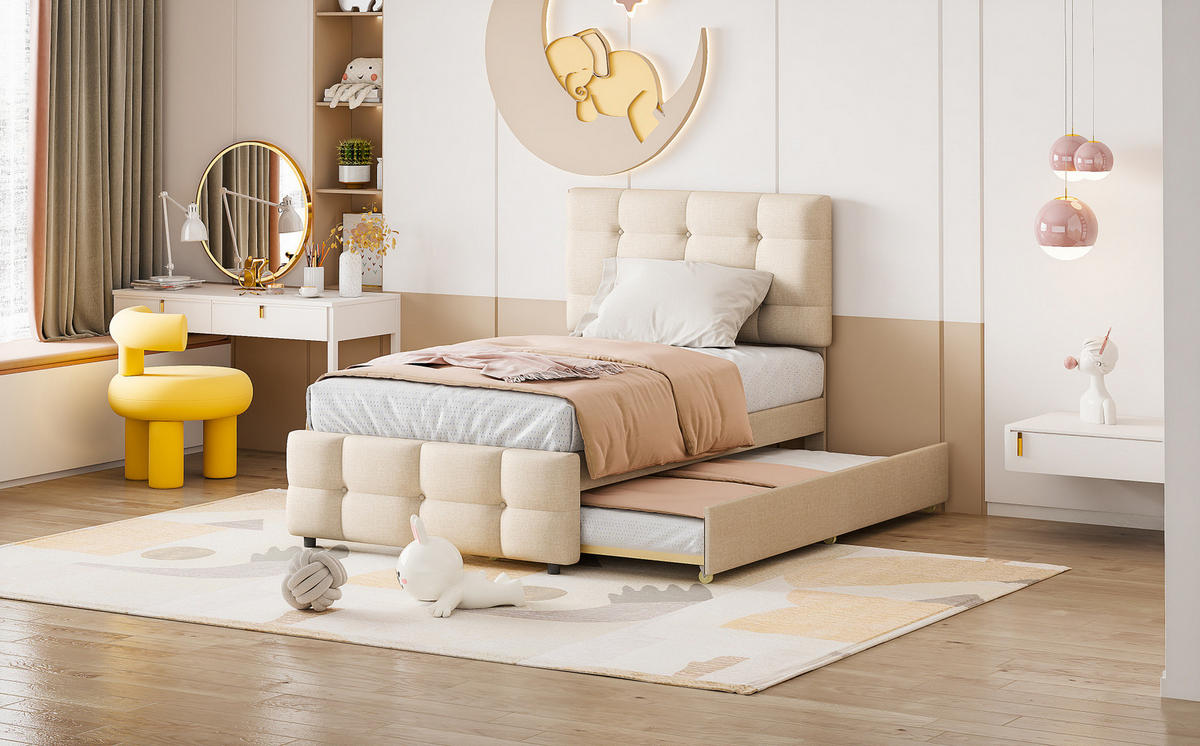 POLSTERBETT 90/200 cm Beige aus Leinenstoff mit Ausziehbett - Beige, Textil (90/200cm) - OKMYHOME
