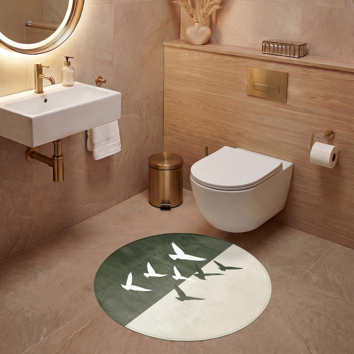 WC PŘEDLOŽKA Japandi - Pták - Zelený 70x70 cm - olivově zelená, textil/plast (70/1cm) - OnlyWow