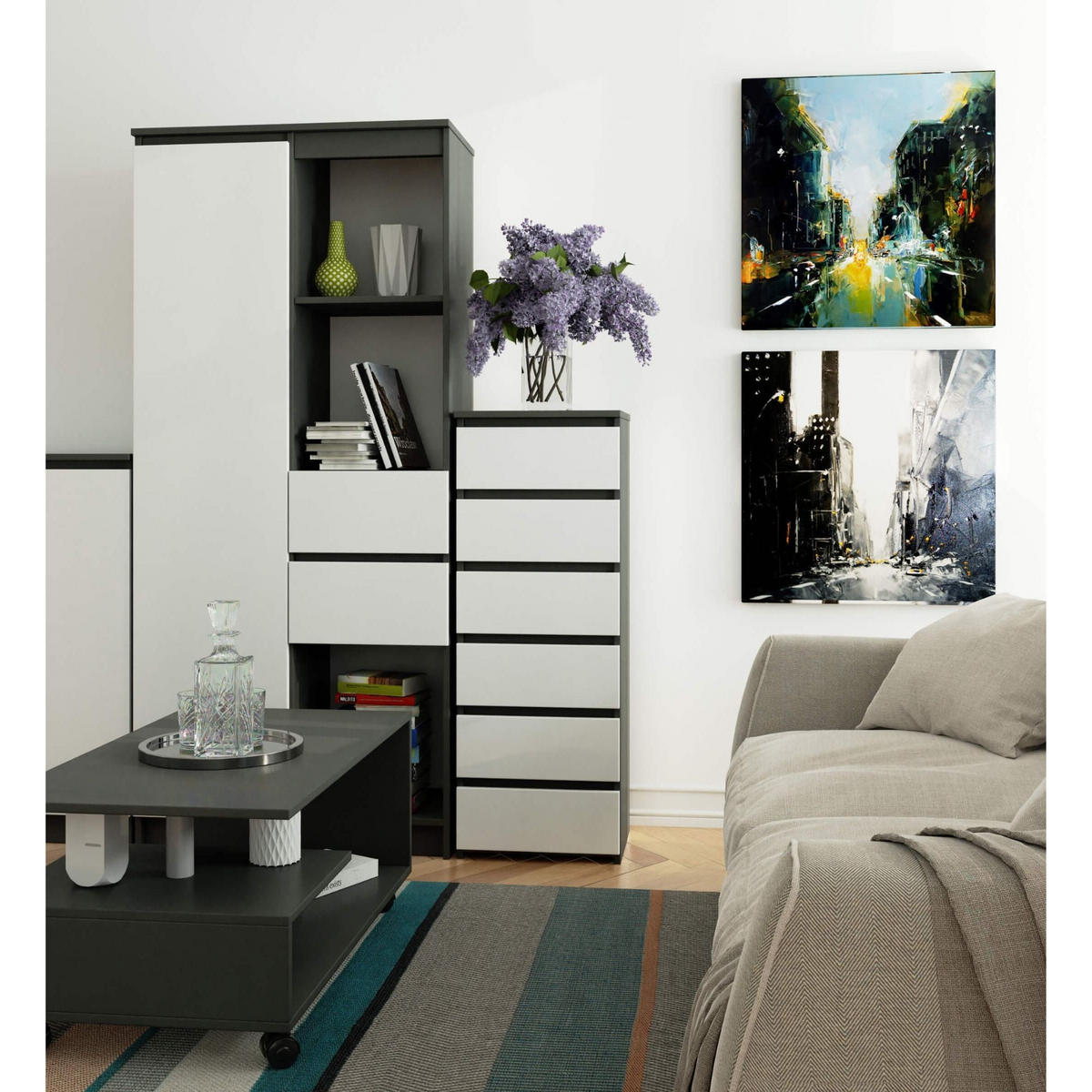 KOMMODE CL6, Grau-Weiß, 40x35x109 cm - Weiß/Grau, Holz (40/109/35cm) - Milordbikes