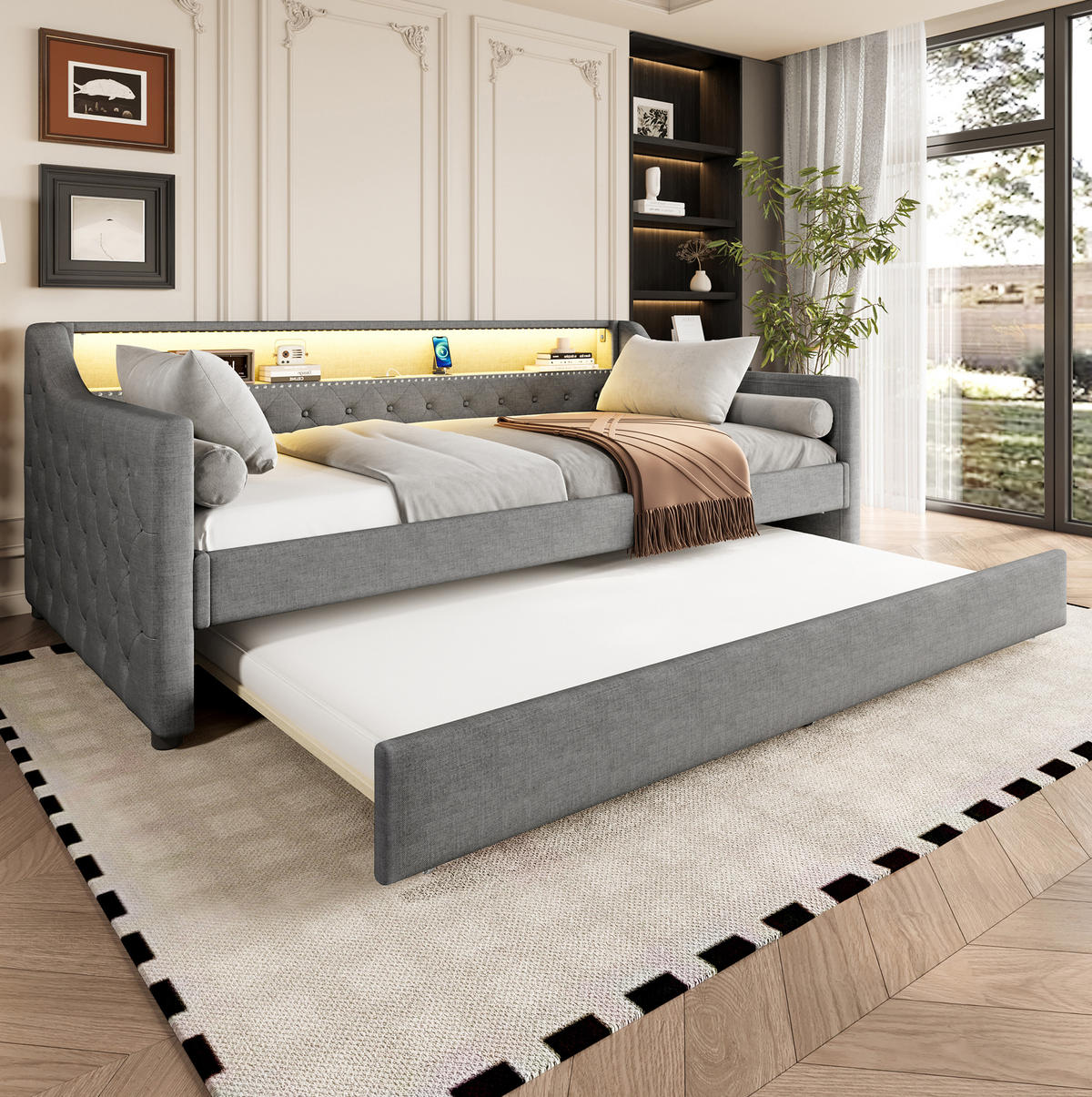 TAGESBETT 90/200 cm mit Ausziehbett, LED-Beleuchtung, USB-Anschluss und Lattenrost, Leinenbezug, Grau - Grau, Textil (90/200cm) - Redom