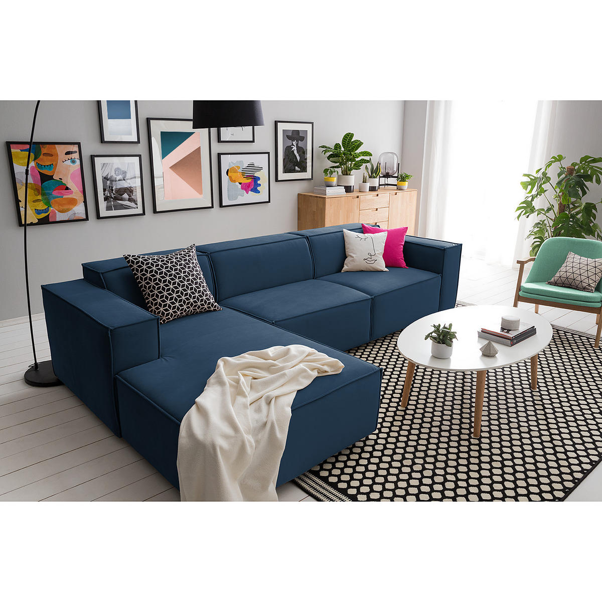 ECKSOFA mit Longchair - Schwarz/Dunkelblau, Kunststoff/Textil (294/177cm) - home24