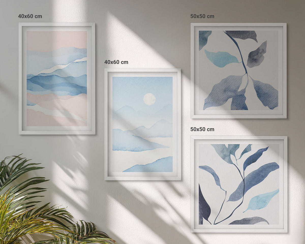 WANDBILDER 4er-Set - 50x50 cm & 40x60 cm Weißer Rahmen - Berglandschaften, Aquarellpflanzen - Weiß, Kunststoff (50/50cm) - ArtPrintCave