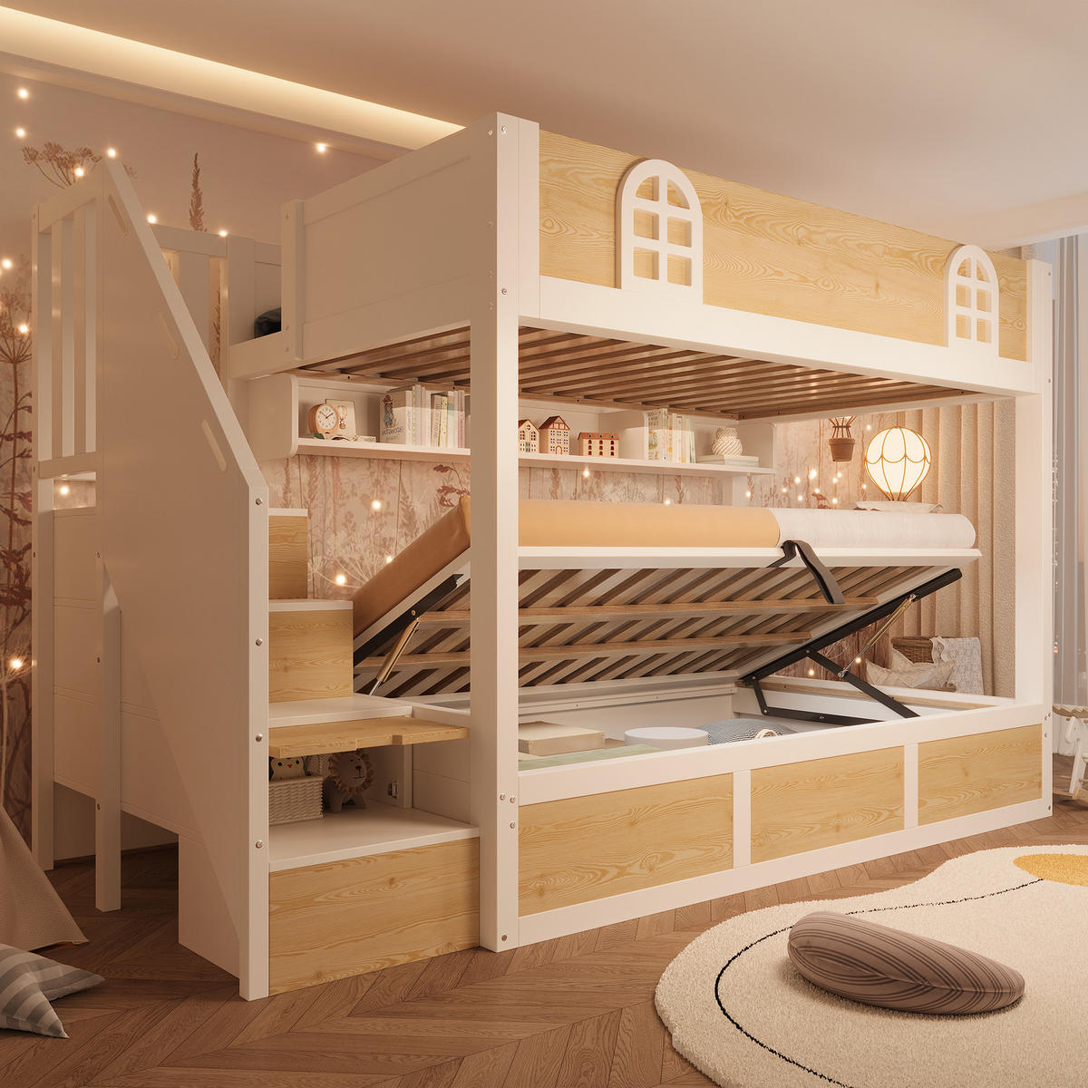 ETAGENBETT Weiß/Natur mit Treppenschrank und Stauraum - Naturfarben, Holzwerkstoff (90/200cm) - ComfortXL