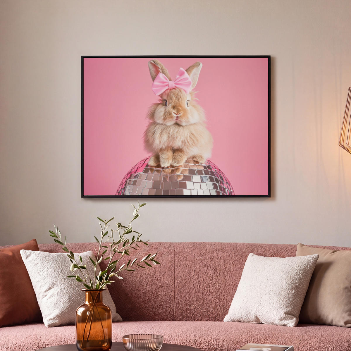 LEINWAND Bilder mit Rahmen - Schleife - Discoball - Kaninchen - 70x50 - Pink, Textil (70/50cm) - MuchoWow