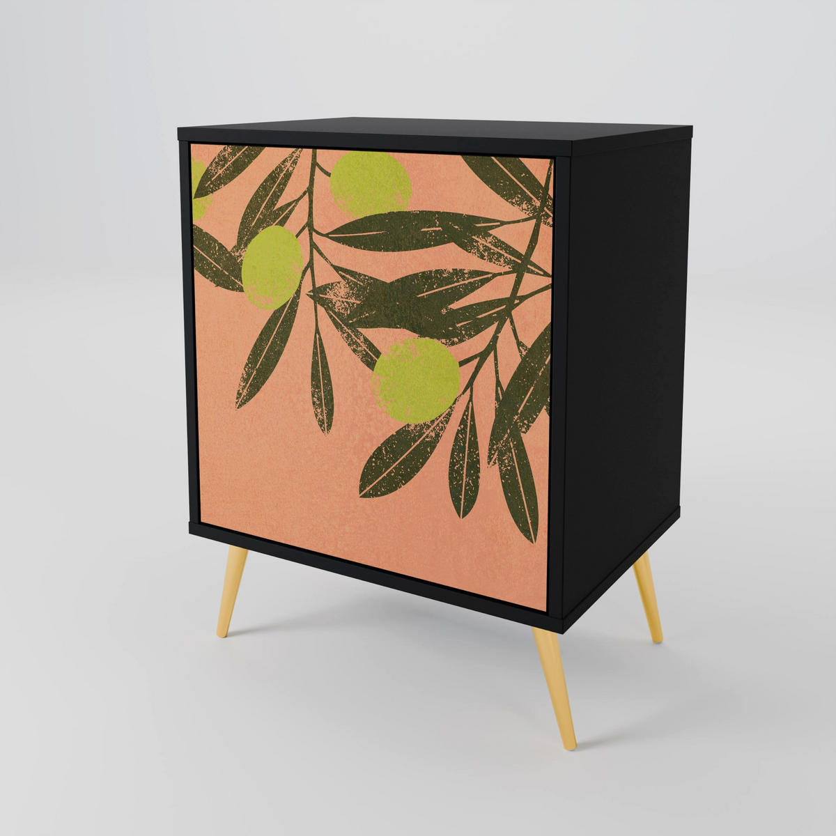 SIDEBOARD JUICY OLIVES, Schwarz, 57,5x42x72,5 cm, Schwarze Metallfüße - Multicolor/Schwarz, Holzwerkstoff/Metall (57.5/72.5/42cm) - SpaceRebels