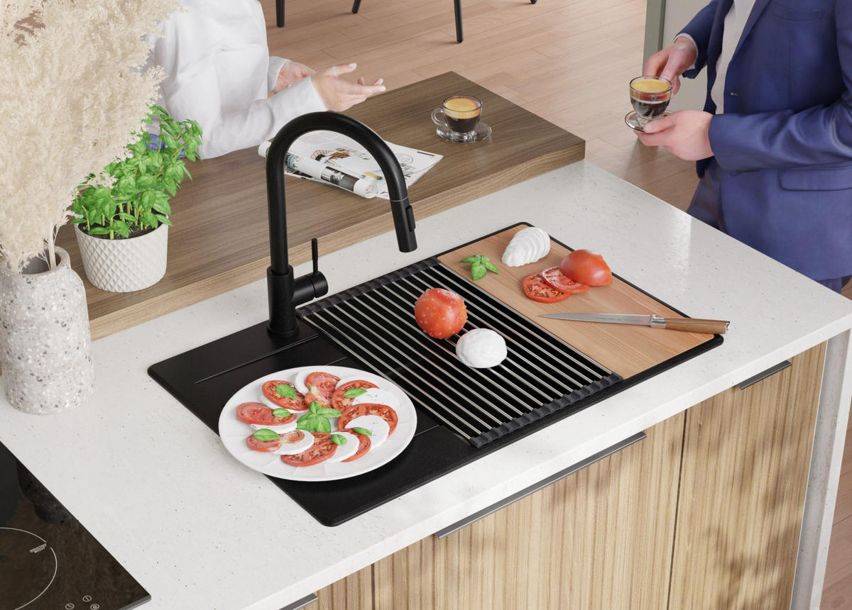 GRANITSPÜLE Kopenhagen, 2-er set Alles Schwarz 78/50 cm 1 Becken + Küchenarmatur 32/20 cm + Ablauf-Set + Schneidebrett ab 60er Unterschrank - Schwarz, Kunststoff (78/20/50cm) - Primagran