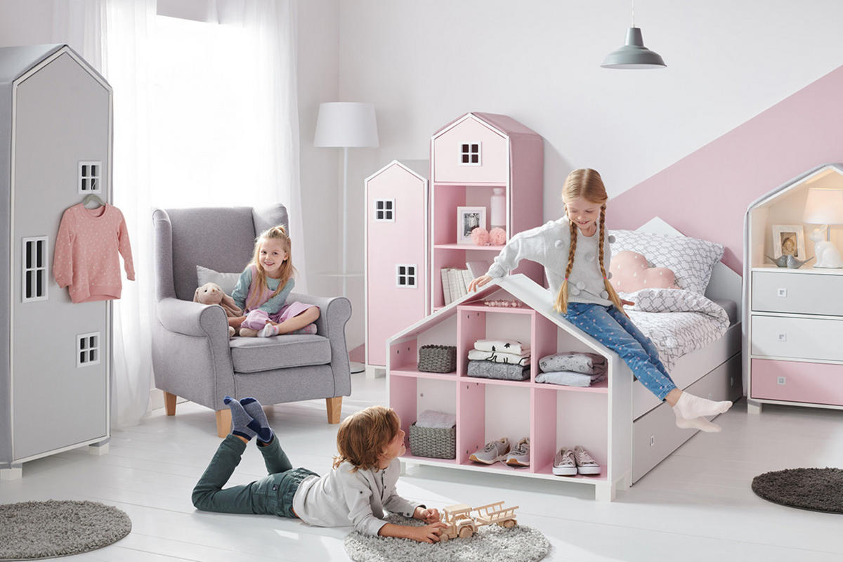 KINDERKLEIDERSCHRANK MIRUM mit Einlegeböden und Bar, Weiß/Grau - Weiß/Grau, Holz (57/172/45cm) - KONSIMO®