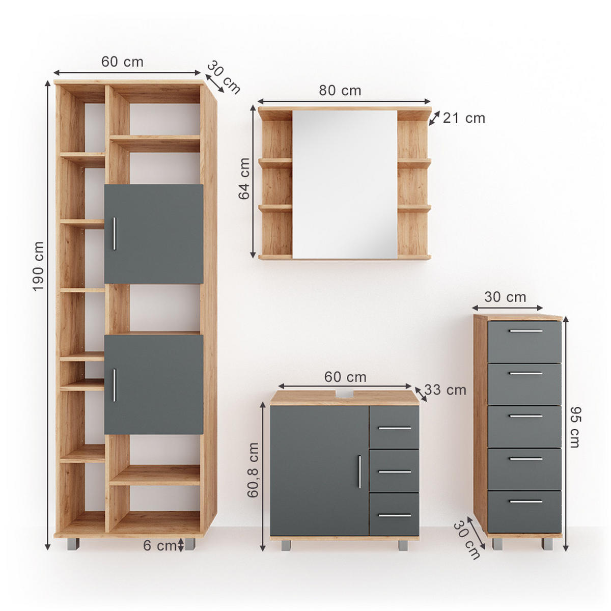 BADMÖBEL-SET Ilias Eiche 4 Teile - Eichefarben/Anthrazit, Holzwerkstoff (60/60/33cm) - Vicco