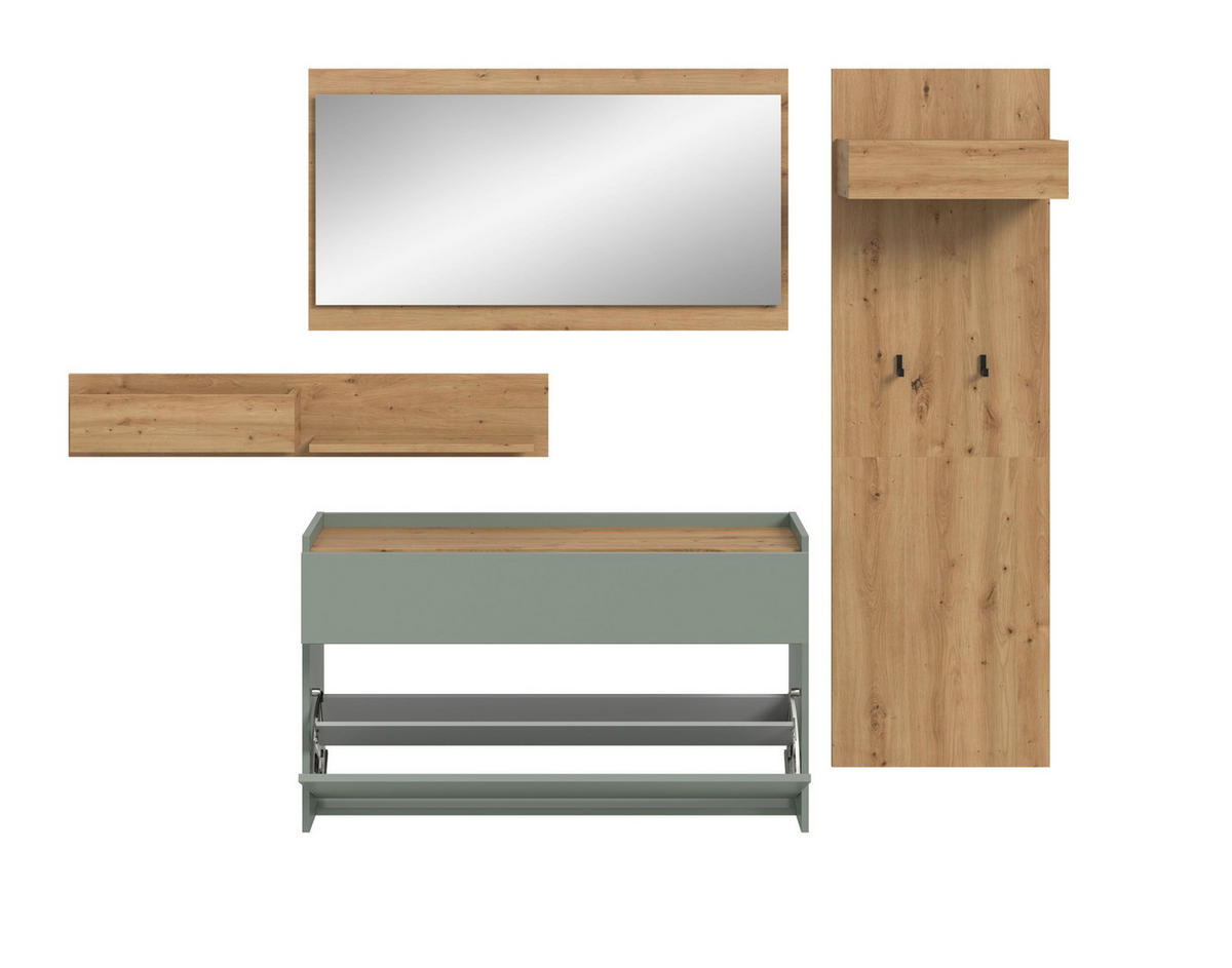 GARDEROBE Flow (B/H/T: ca. 205/192/32 cm) 4 tlg. in Salbei/Salbei - Salbeigrün, Holzwerkstoff (205/192/32cm) - Homes & Jones