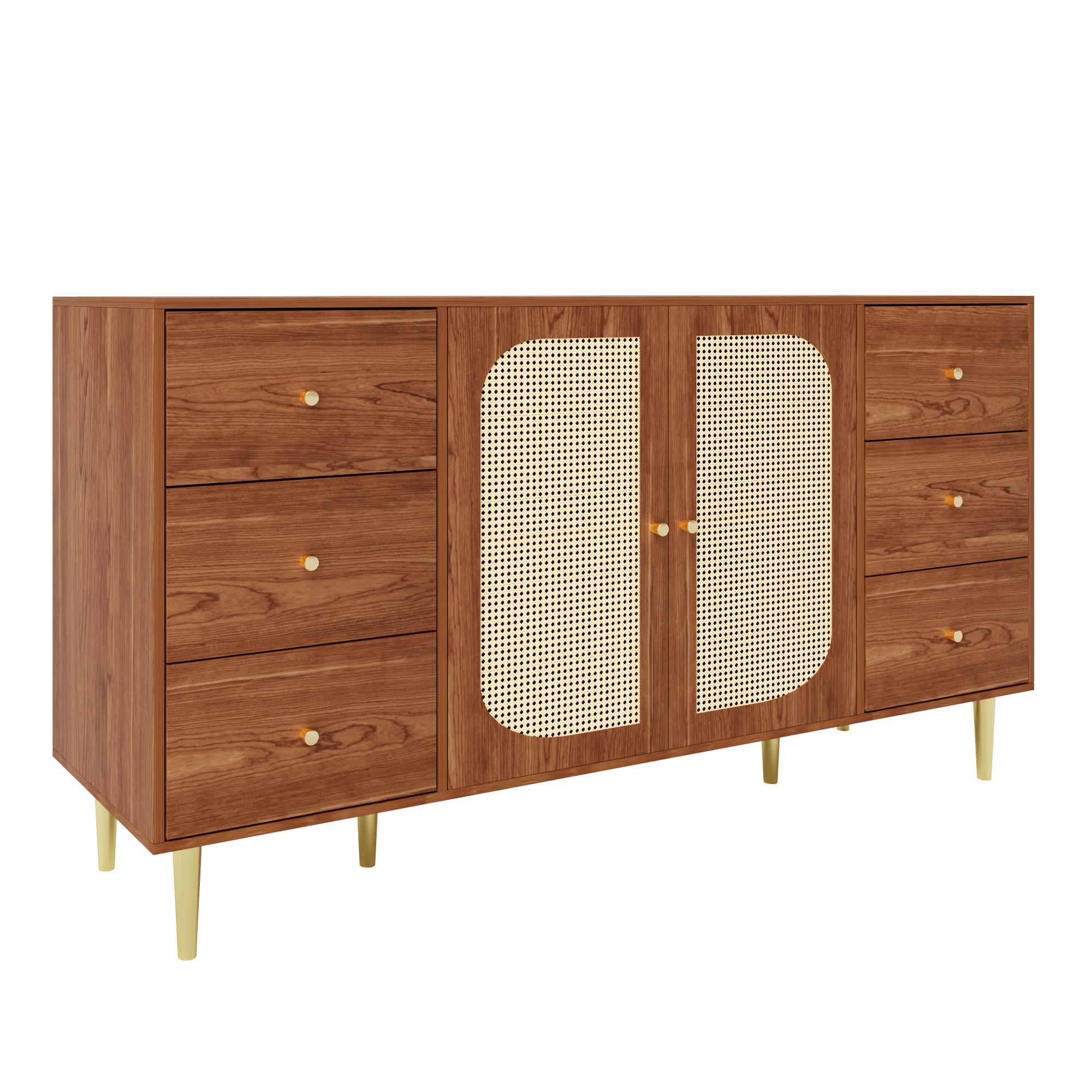 KOMODA 160 cm vzhled dřeva a ratan se 6 zásuvkami a 2 dvířky - barva dubu, kompozitní dřevo (160/90/40cm) - Urban Meuble