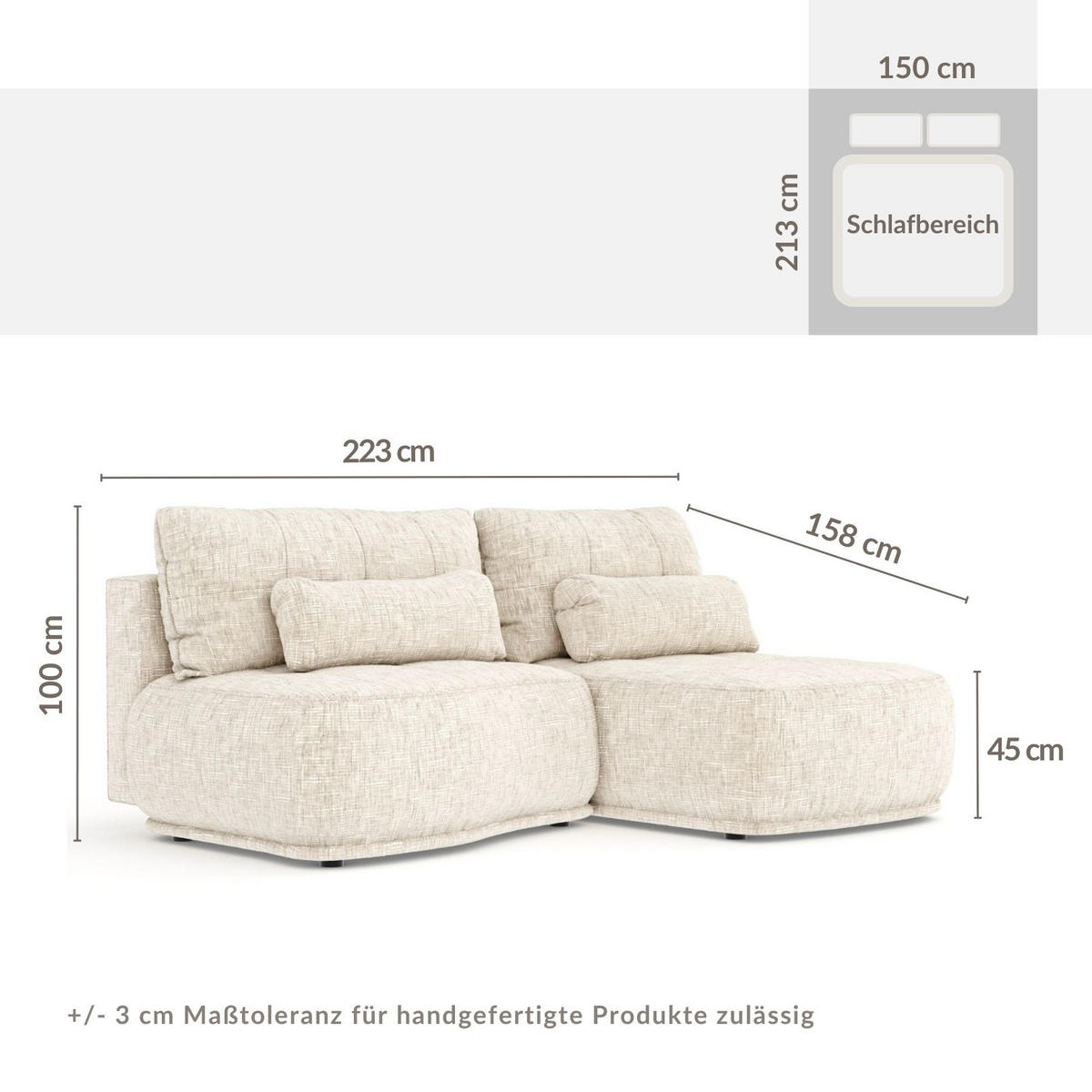 ECKSOFA MIT SCHLAFFUNKTION Batu Creme Webstoff - Beige/Creme, Holz/Holzwerkstoff (223/158cm) - Maison de Reve