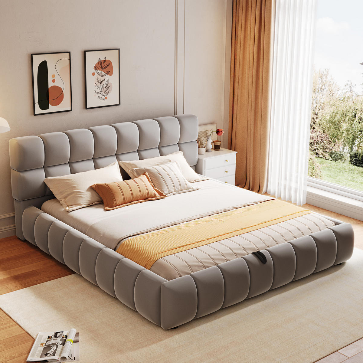 POLSTERBETT 140/200 cm in Grau Samt mit Bettkasten - Grau, Holzwerkstoff/Textil (140/200cm) - WISHDOR