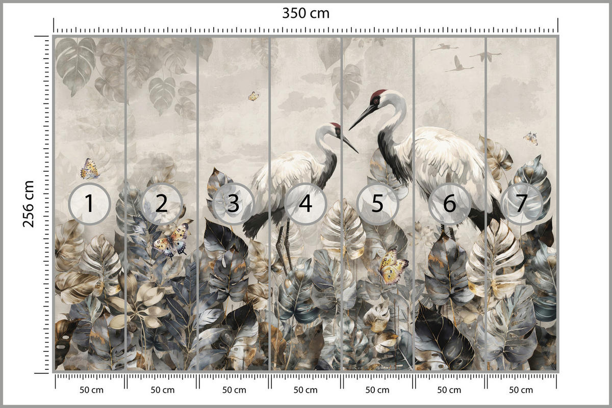 FOTOTAPETE für Wohnzimmer Kraniche Abstrakten Blättern Retro Natur 350x256 - Grau, Papier (350/256cm) - Muralo