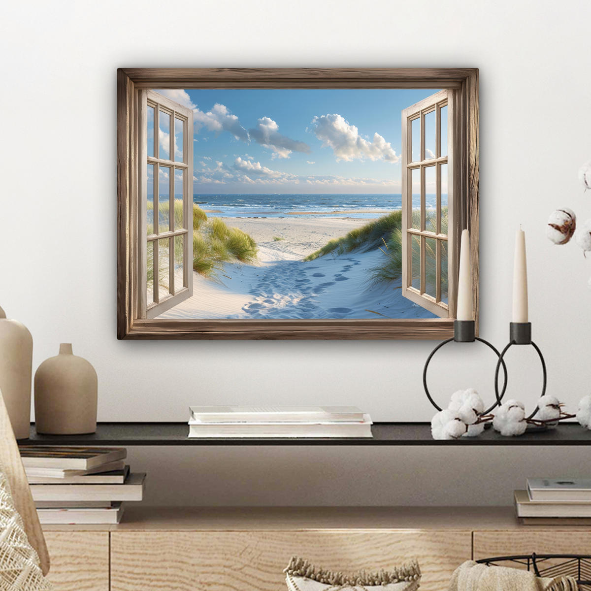 LEINWANDBILD Aussicht - Strand - Fenster - Dünen - Meer 40x30 cm - Hellblau, Textil (40/30cm) - MuchoWow