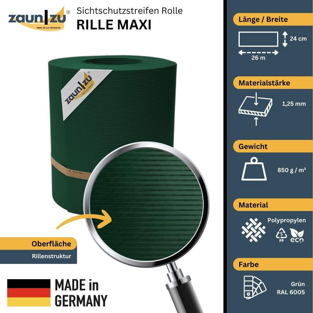 SICHTSCHUTZSTREIFEN Rille Maxi Rolle für Doppelstabmatten 24cm hoch Grün 26m - Grün, Kunststoff (2600/24cm) - ZAUN|ZU