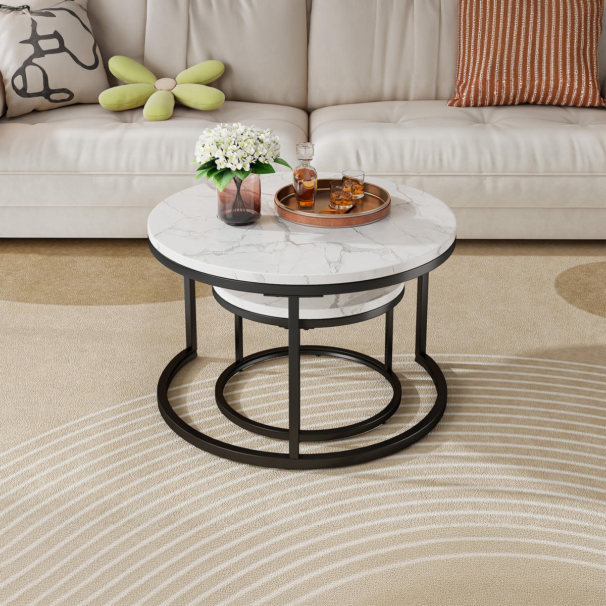 COUCHTISCH 2-tlg stapelbarer Kaffeetisch Nestingtische,Beistelltisch Wohnzimmertisch mit Metallgestell für Wohnzimmer - Schwarz/Weiß, Holzwerkstoff/Metall (70/70/45cm) - EVRYAE