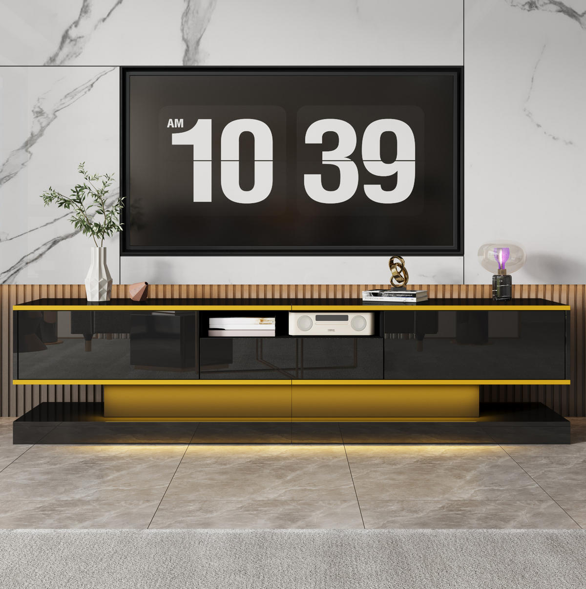 LOWBOARD 180/38/45 cm schwarz/gold aus Holzwerkstoff mit 3 Schubladen und Beleuchtung - Schwarz, Holzwerkstoff (38/45/180cm) - OKMYHOME