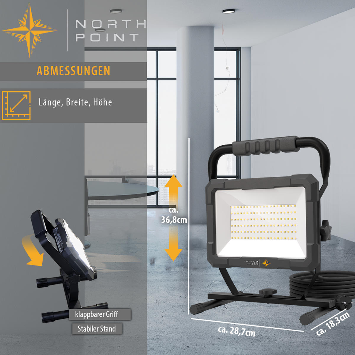 LED-BAUSTRAHLER mit Standfuß - 100W für Innen und Außen, spritzwassergeschützt, 2er-Set - Schwarz, Metall (18.3/28.7/36.8cm) - Northpoint