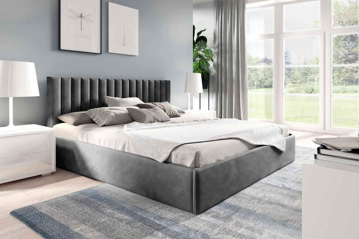 POLSTERBETT Fame Grau 90x200 cm, mit Bettkasten und Paneel-Kopfteil - Grau, Holzwerkstoff/Textil (90/200cm) - Bettso