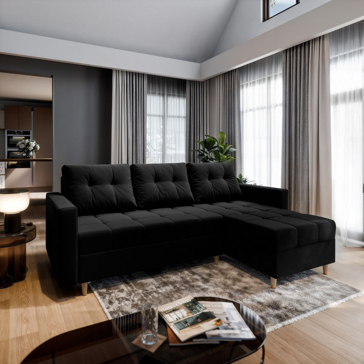 ECKSOFA MILO L Schwarz Plüsch-Stoff mit Schlaffunktion - Schwarz, Holz (220/140cm) - MASSENO