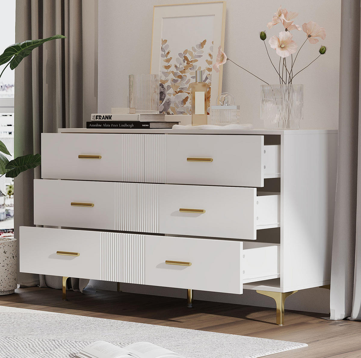KOMMODE 120/40/76 cm mit 6 Schubladen und goldfarbenen Metallgriffen - Weiß, Holzwerkstoff (120/76/40cm) - BEAOK