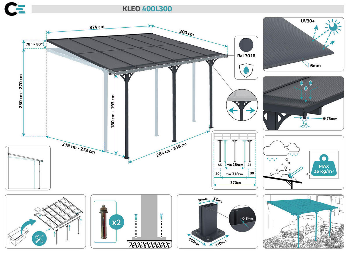 PERGOLA / CARPORT Kleo Grau 4m x 3m - Grau, Metall (374/270/300cm) - Cazeboo