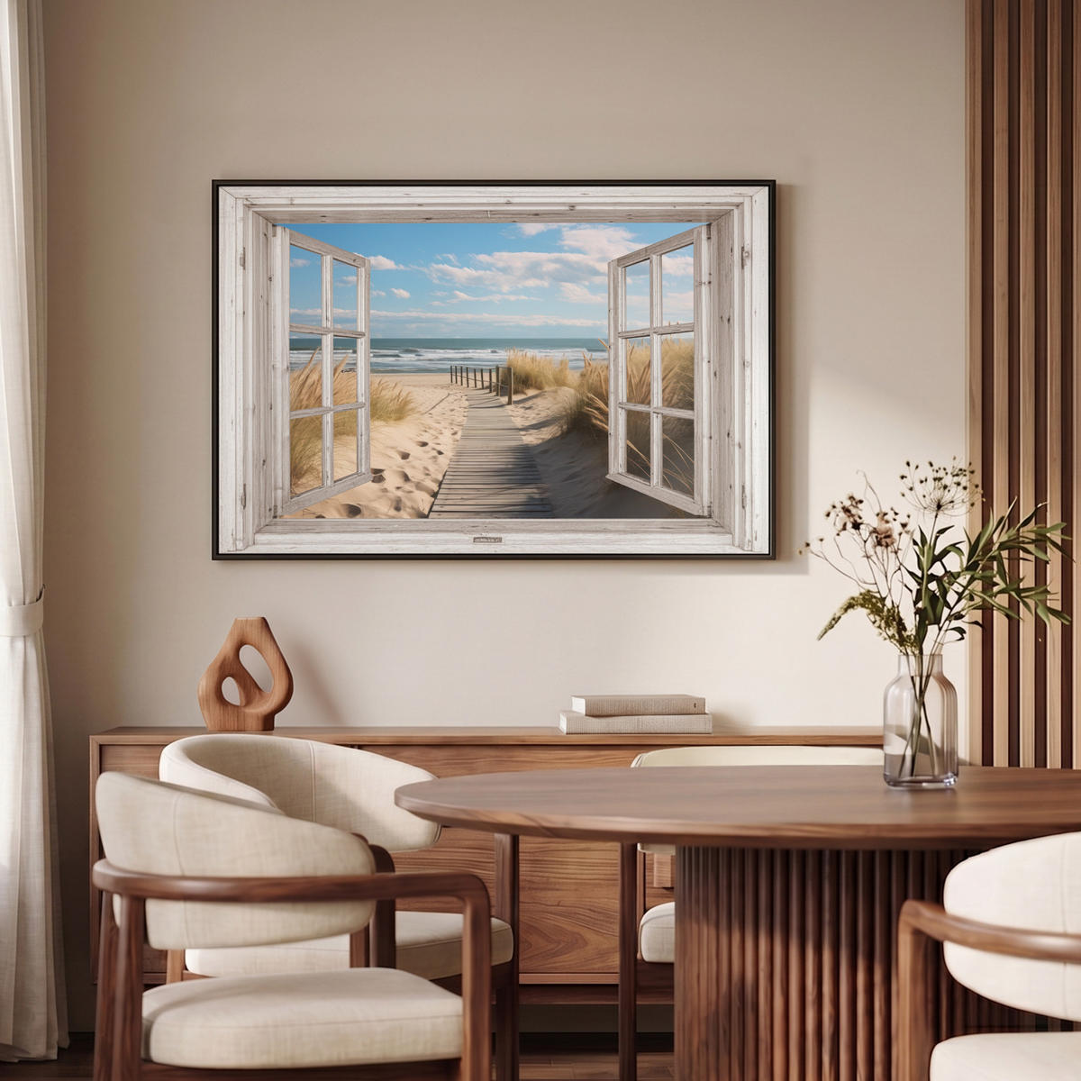 LEINWAND Bilder mit Rahmen - Fenster - Meer - Küste - Natur - Ausblick - Strand - Wattenmeer - 90x60 - Beige, Textil (90/60cm) - MuchoWow